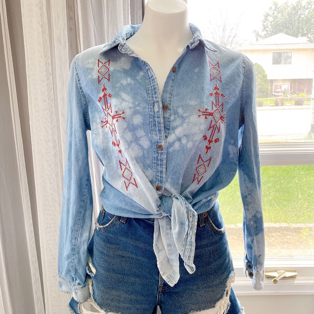 Hand Bleach Dyed Chambray Embroidered Top